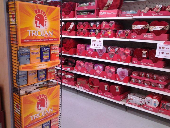 Trojan condoms next to the Valentine candy isle