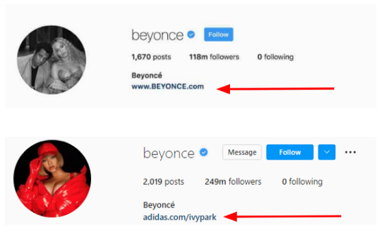 Beyoncé reuses her channel on Instagram to sell different products.