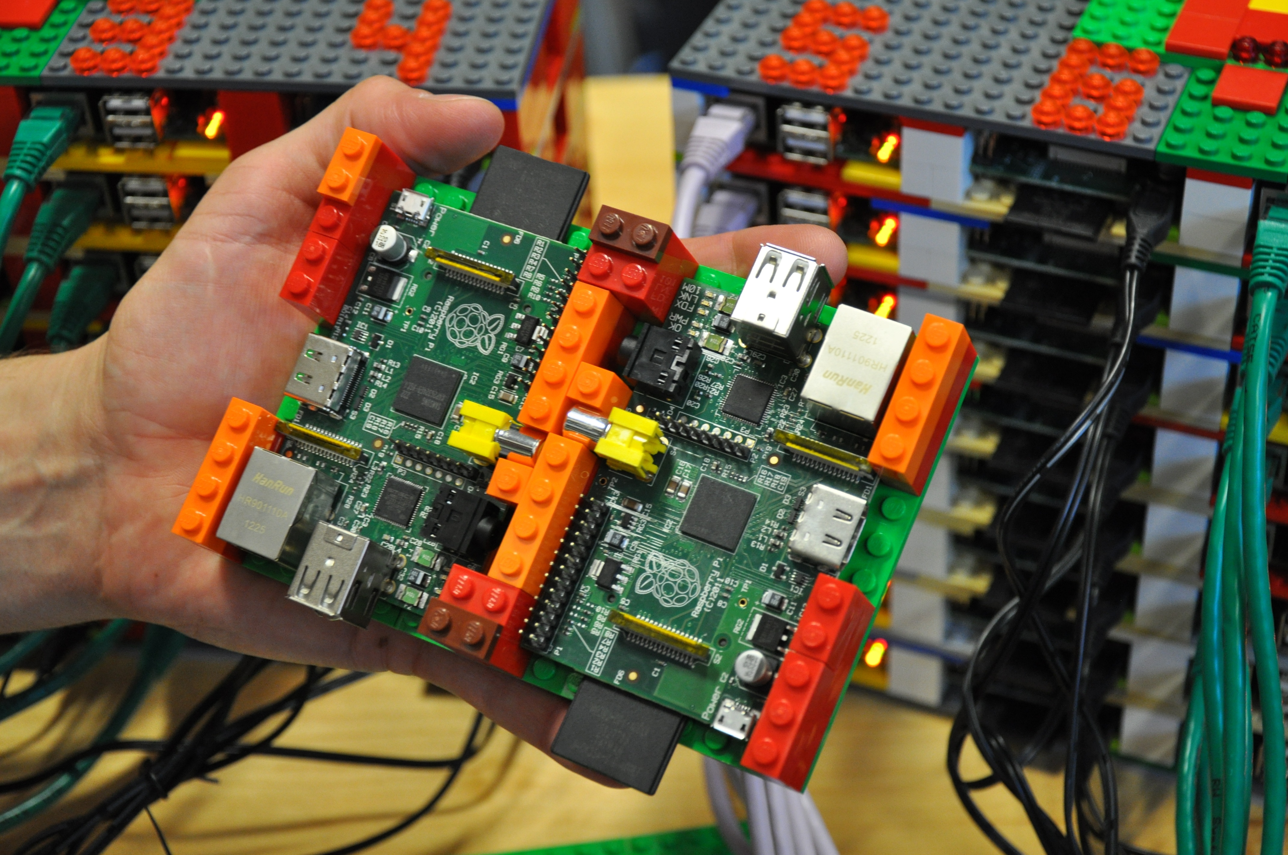 A pair of Raspberry Pi compute nodes in their Lego racking enclosure.