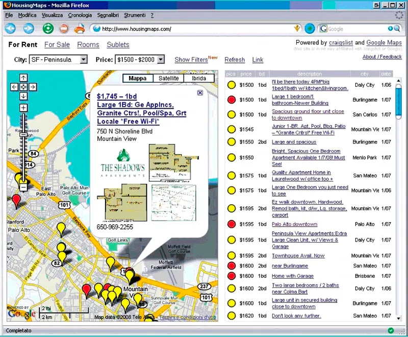 Housingmaps.com in 2005, considered one of the first Web2 mashups