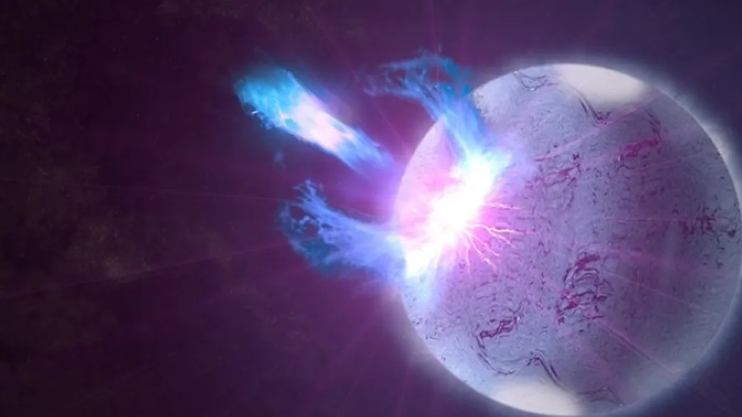 An artist's impression of a magnetar undergoing a starquake eruption. NASA's Goddard Space Flight Center/S. Wiessinger.