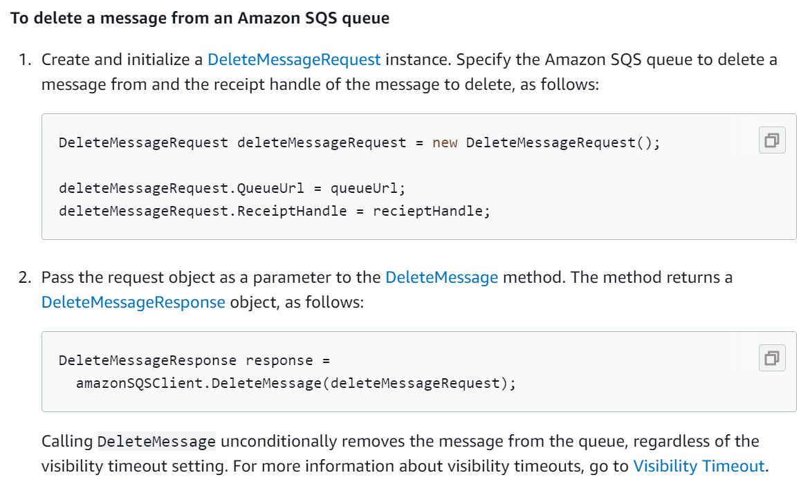 Example of SQS Message Deletion by Code. Source: AWS official documentation