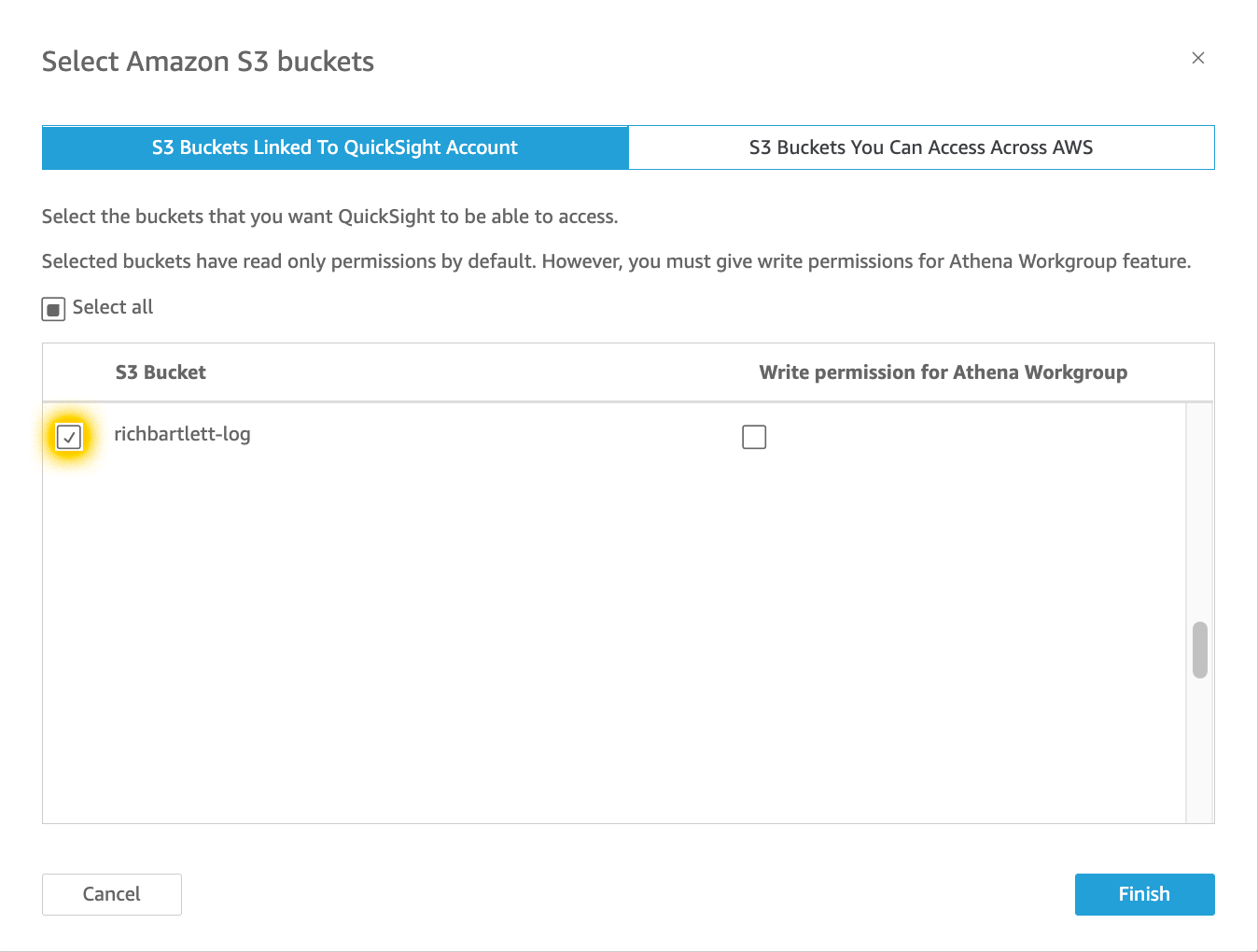 Select your S3 bucket to import as a "database"