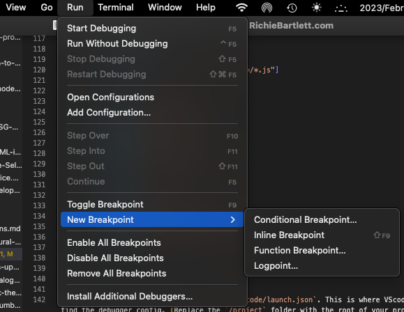 See the RUN menu for breakpoint options